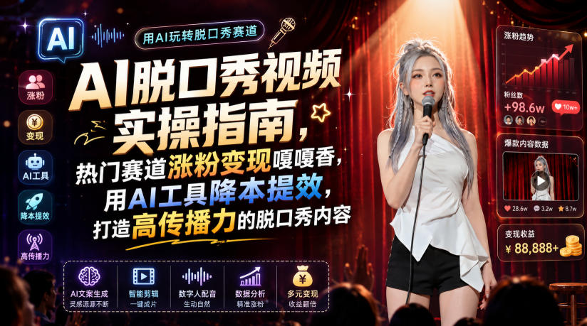 AI脱口秀视频实操指南，热门赛道涨粉变现嘎嘎香，用AI工具降本提效，打造高传播力的脱口秀内容-离锋创库