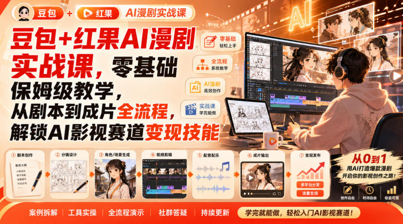 豆包+红果AI漫剧实战课,零基础保姆级教学,从剧本到成片全流程,解锁AI影视赛道变现技能-离锋创库