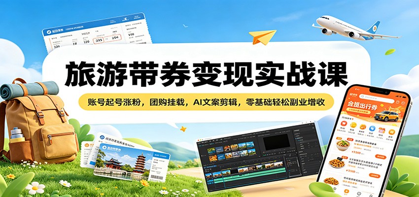 旅游带券变现实战课：账号起号涨粉，团购挂载，AI文案剪辑，零基础轻松副业增收-离锋创库