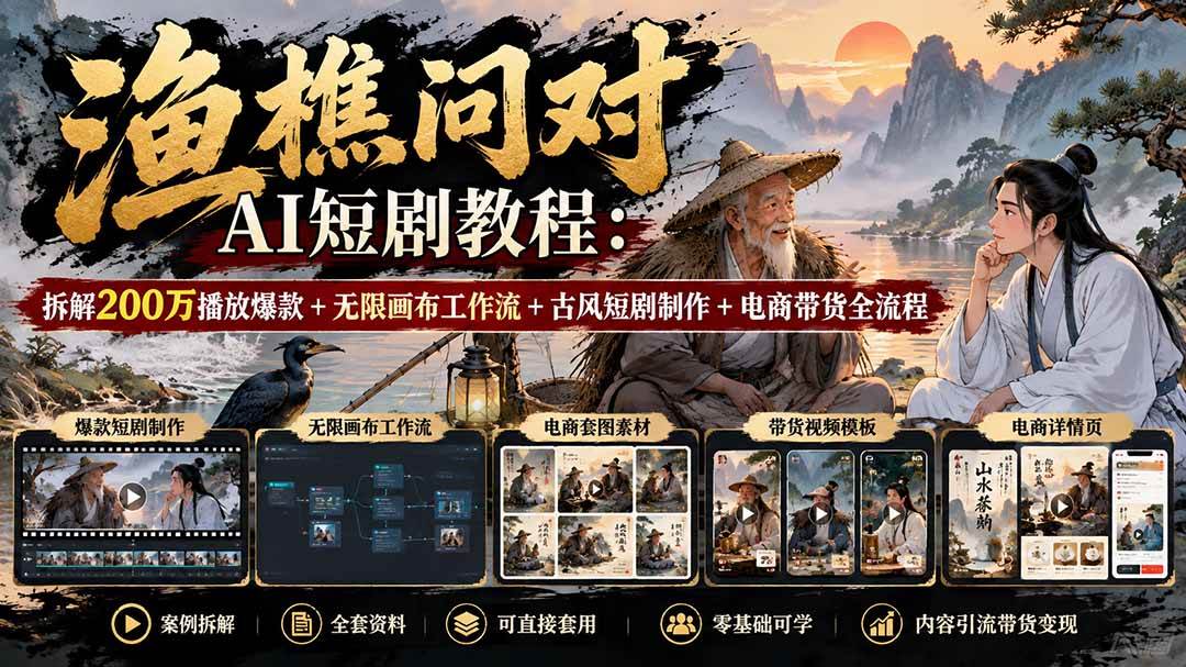 (20772期)【无水印】渔樵问对AI短剧教程:拆解200万播放爆款+无限画布工作流+古风短剧制作+电商带货全流程-离锋创库