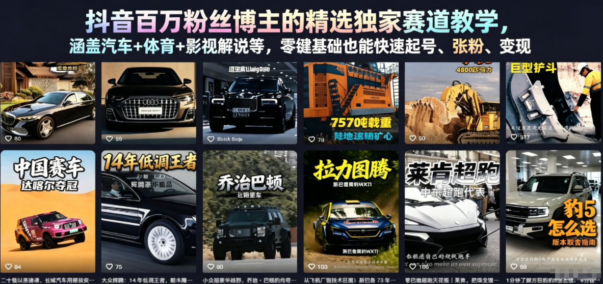 抖音百万粉丝博主的精选独家赛道教学,涵盖汽车+体育+影视解说等,零基础也能快速起号、涨粉、变现-离锋创库