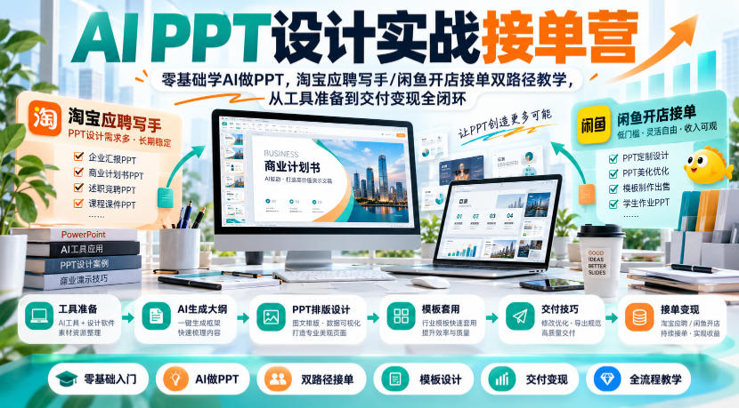 AI PPT设计实战接单营|零基础学AI做PPT,淘宝应聘写手/闲鱼开店接单双路径教学,从工具准备到交付变现全闭环-离锋创库