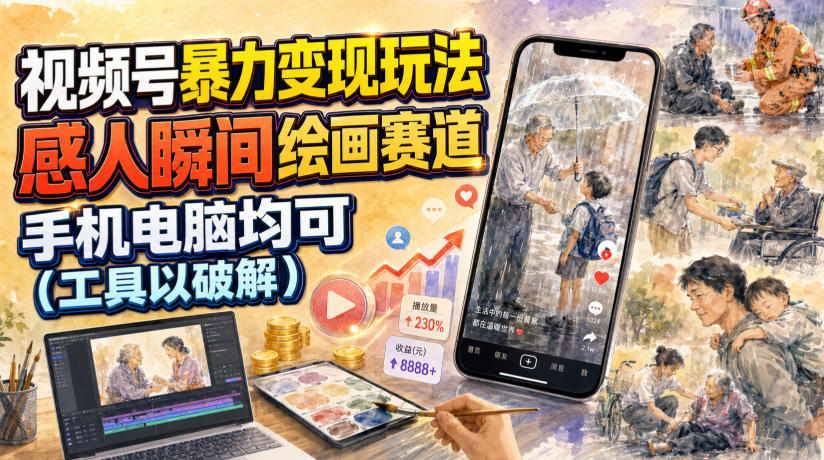 视频号暴力变现玩法,感人瞬间绘画赛道,手机电脑均可-离锋创库