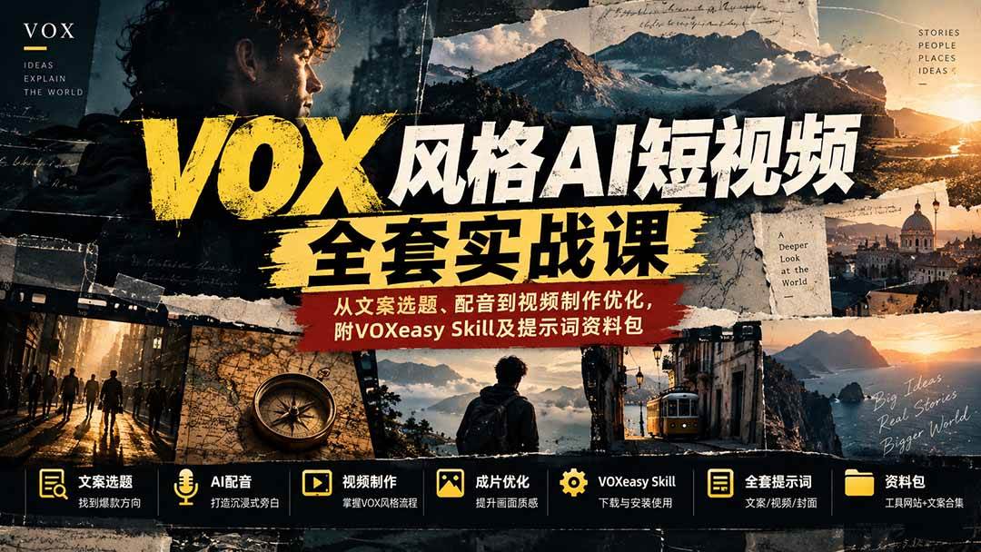 （20677期）【无水印】VOX风格AI短视频全套实战课：从文案选题、配音到视频制作优化，附VOXeasy Skill及提示词资料包-离锋创库