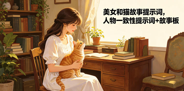 美女和猫故事提示词，人物一致性提示词+故事板-离锋创库