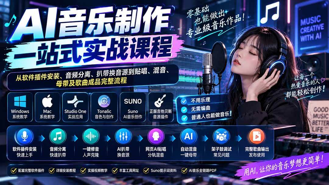 （20490期）AI音乐制作一站式实战课程：从软件插件安装、音频分离、扒带换音源到贴唱、混音、母带及歌曲成品完整流程