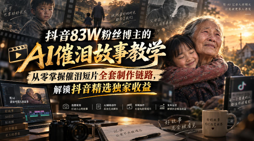 抖音83W粉丝博主的AI催泪故事教学，从零掌握催泪短片全套制作链路，解锁抖音精选独家收益-离锋创库