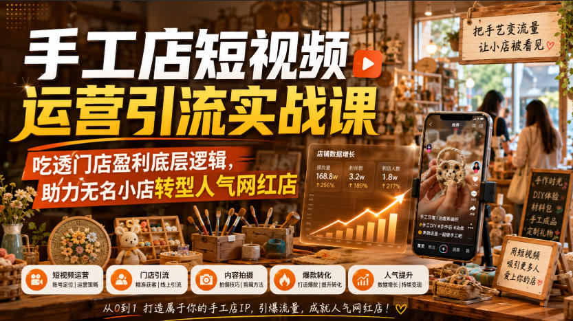手工店短视频运营引流实战课，吃透门店盈利底层逻辑，助力无名小店转型人气网红店-离锋创库