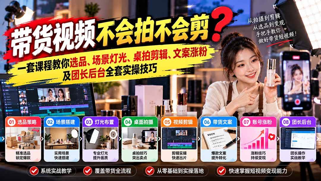 (20980期)带货视频不会拍不会剪?一套课程教你选品、场景灯光、桌拍剪辑、文案涨粉及团长后台全套实操技巧 复制标题-离锋创库