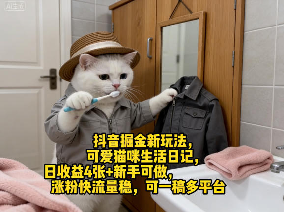 抖音掘金新玩法，可爱猫咪生活日记，日收益4张+新手可做，涨粉快流量稳，可一稿多平台-离锋创库