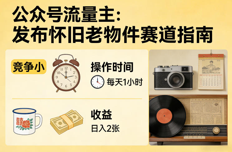 公众号流量主之发布怀旧老物件赛道，竞争小，每天操作1小时，日入2张-离锋创库