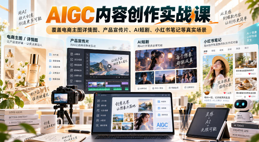 AIGC内容创作实战课,覆盖电商主图详情图、产品宣传片、AI短剧、小红书笔记等真实场景 AIGC内容创作实战课,覆盖电商主图详情图、产品宣传片、AI短剧、小红书笔记等真实场景