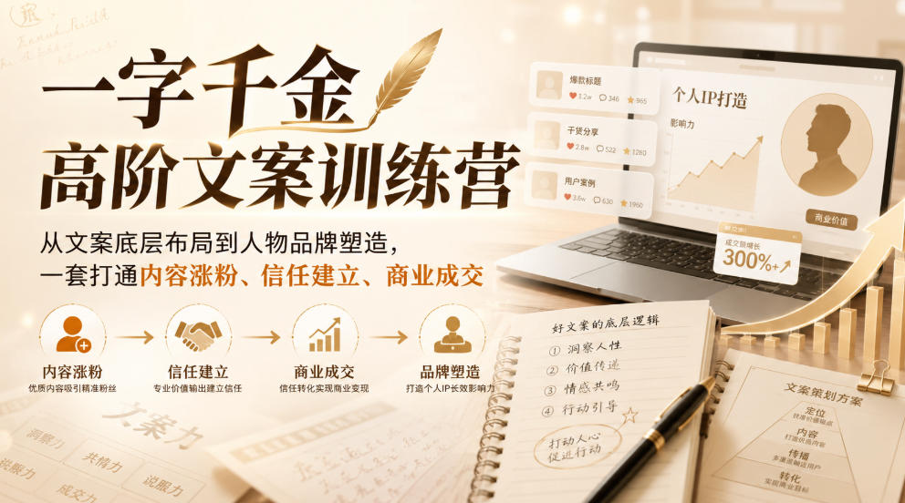 一字千金高阶文案训练营，从文案底层布局到人物品牌塑造，一套打通内容涨粉、信任建立、商业成交-离锋创库