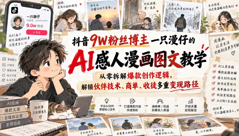 抖音9W粉丝博主一只漫仔的AI感人漫画图文教学，从零拆解爆款创作逻辑，解锁伙伴技术、商单、收徒多重变现路径-离锋创库