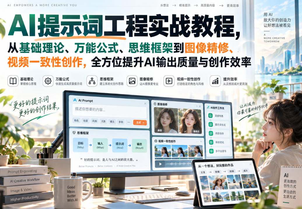 【精】AI提示词工程实战教程，从基础理论、万能公式、思维框架到图像精修、视频一致性创作，全方位提升AI输出质量与创作效率-离锋创库