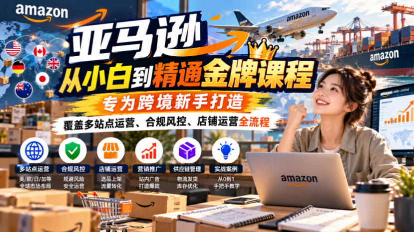 亚马逊从小白到精通金牌课程,专为跨境新手打造,覆盖多站点运营、合规风控、店铺运营全流程-离锋创库