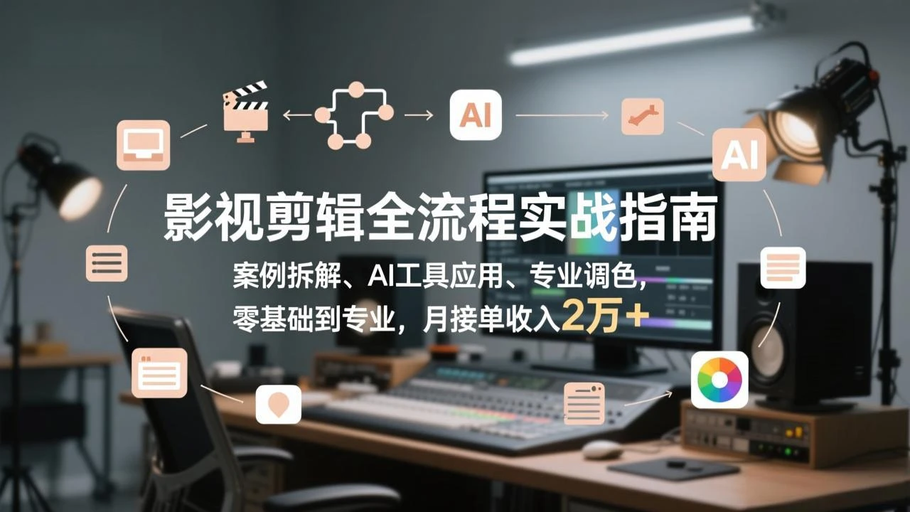 【精】影视剪辑全流程实战指南，案例拆解、AI工具应用、专业调色，零基础到专业，月接单收入2万+-离锋创库
