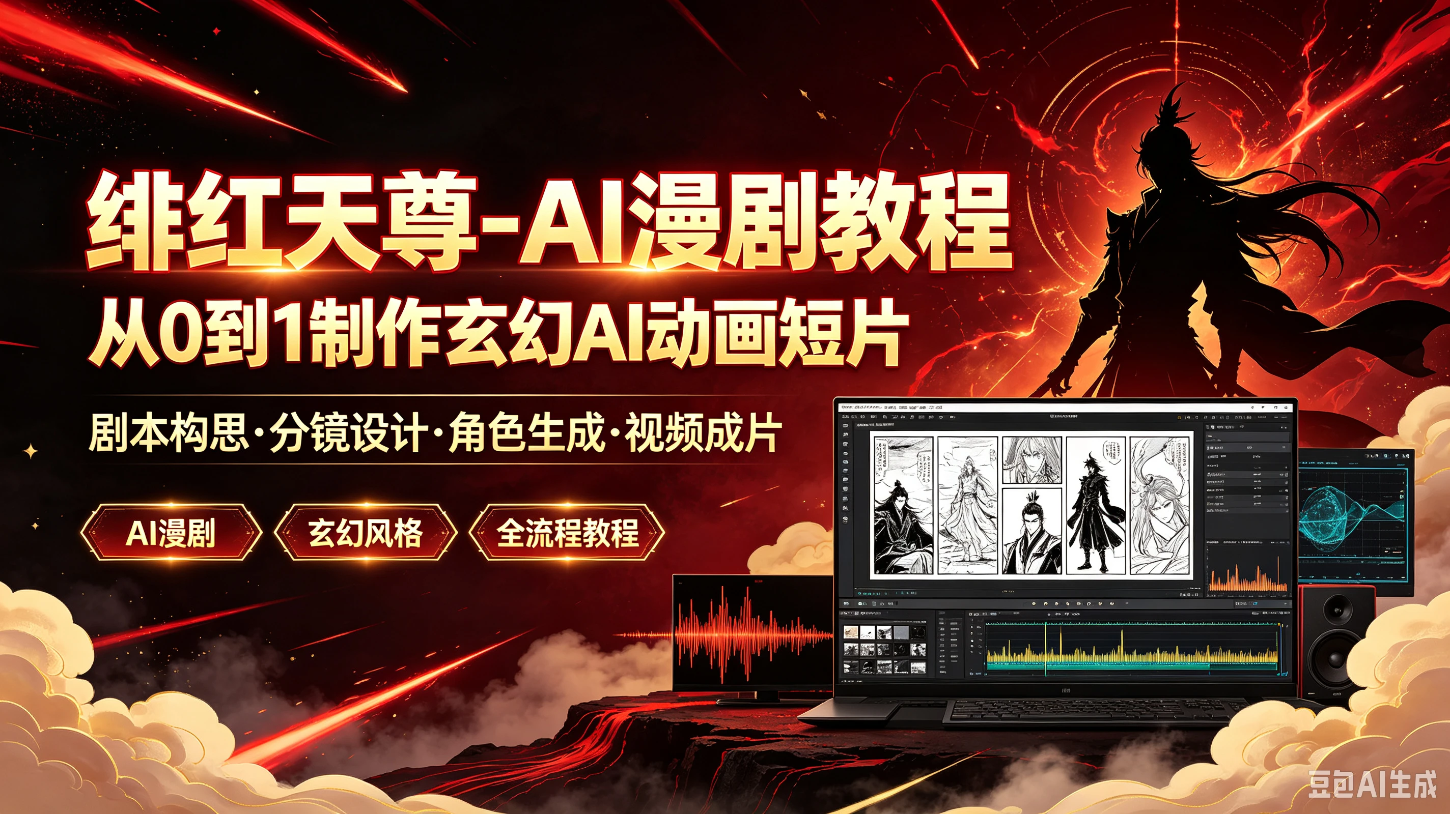 【精】绯红天尊-AI漫剧教程从O到1制作玄幻AI动画短片，剧本构思·分镜设计·角色生成·视频成片-离锋创库