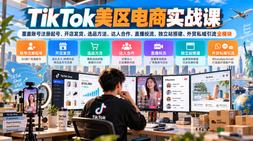 TikTok美区电商实战课,覆盖账号注册起号、开店发货、选品方法、达人合作、直播投流、独立站搭建、外贸私域引流全模块-离锋创库