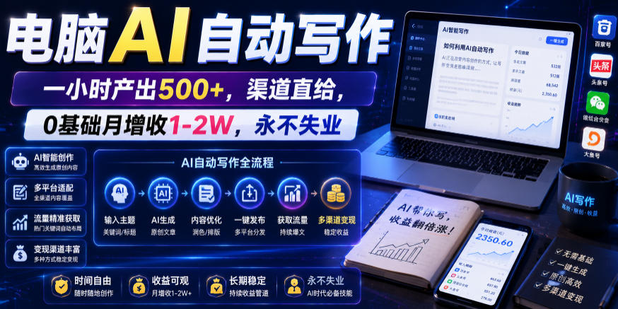 电脑AI自动写作，一小时产出500+，渠道直给，0基础月增收1-2W，永不失业【揭秘】-离锋创库