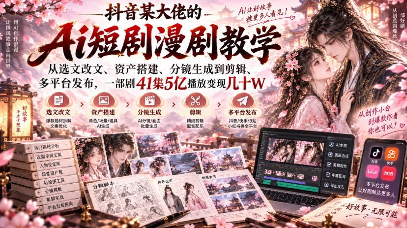 抖音某大佬的Ai短剧漫剧教学，从选文改文、资产搭建、分镜生成到剪辑、多平台发布，一部剧41集5亿播放变现几十W-离锋创库