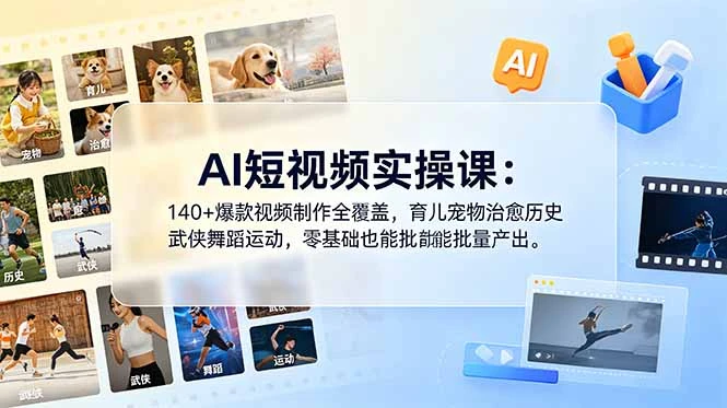 【精】AI短视频实操课：140+爆款视频制作全覆盖，育儿宠物治愈历史武侠舞蹈运动，零基础也能批量产出-离锋创库