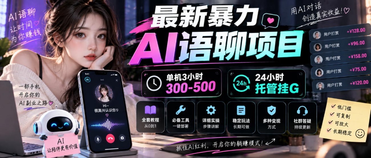 最新暴力AI语聊项目，单机3小时300-500，24小时托管挂G，附全套教程及工具【揭秘】-离锋创库