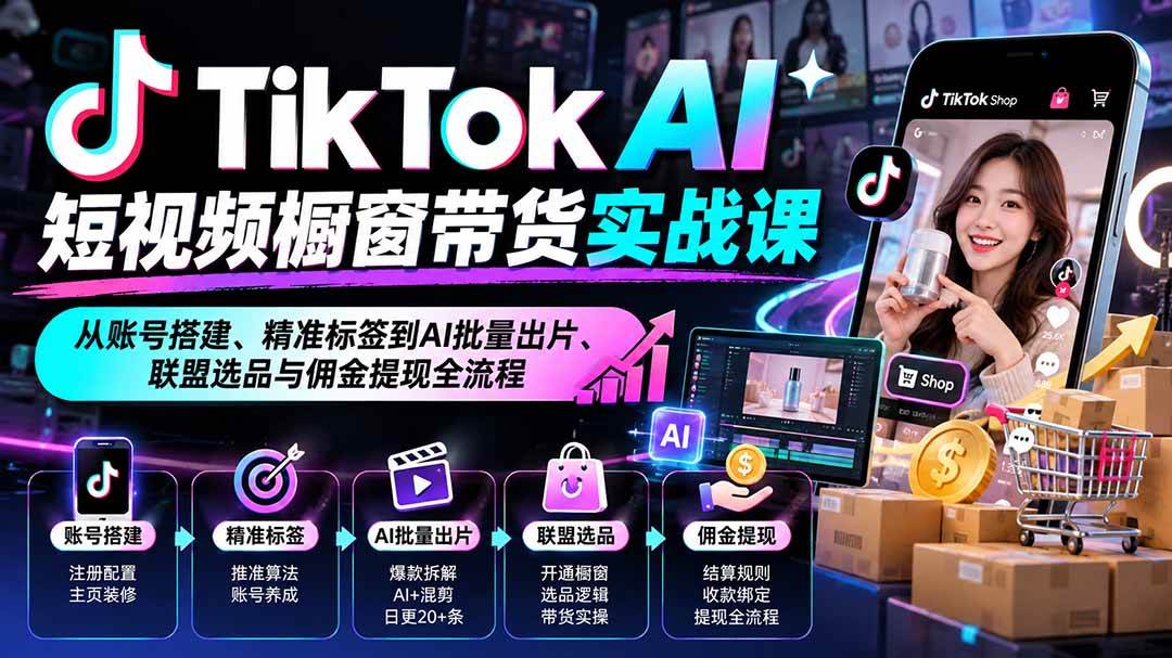 (20725期)TikTok AI短视频橱窗带货实战课:从账号搭建、精准标签到AI批量出片、联盟选品与佣金提现全流程-离锋创库