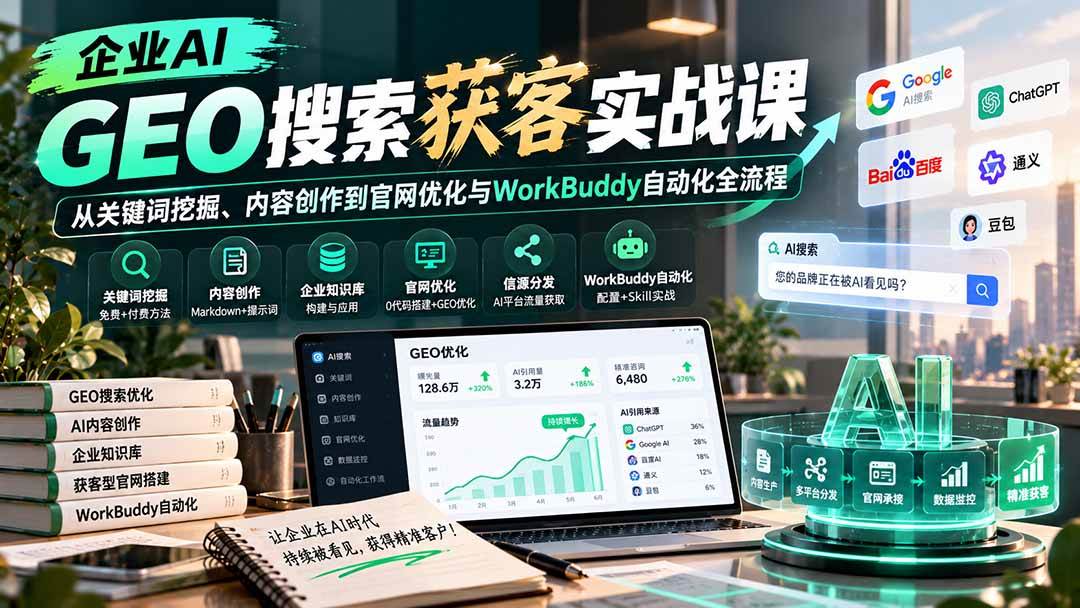 （20643期）企业AI GEO搜索获客实战课：从关键词挖掘、内容创作到官网优化与WorkBuddy自动化全流程-离锋创库