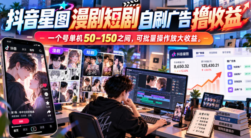 抖音星图漫剧短剧自刷广告撸收益,一个号单机50-150之间,可批量操作放大收益-离锋创库
