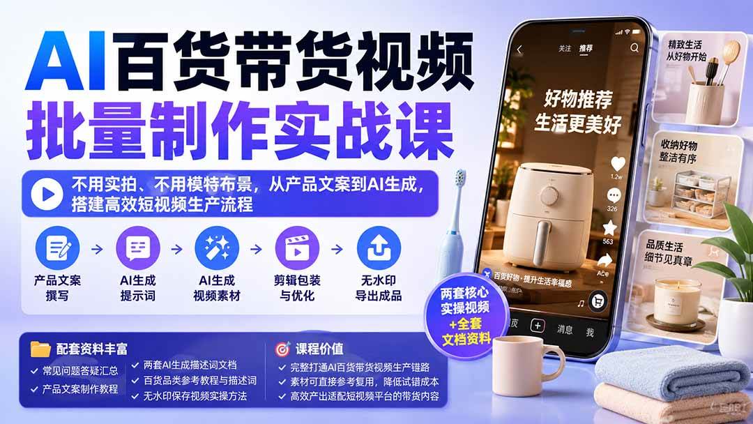 (20179期)AI百货带货视频批量制作实战课:不用实拍、不用模特布景,从产品文案到AI生成,搭建高效短视频生产流程-离锋创库