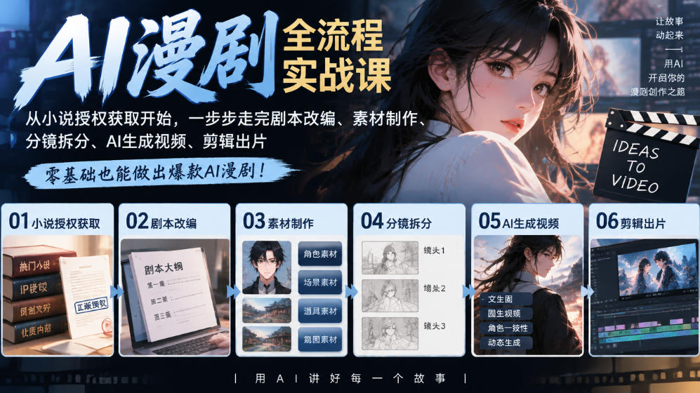 AI漫剧全流程实战课｜从小说授权获取开始，一步步走完剧本改编、素材制作、分镜拆分、AI生成视频、剪辑出片全流程-离锋创库