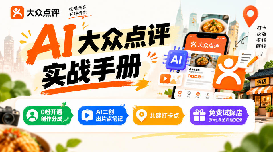 某局的AI大众点评实战手册,0粉开通创作分成、AI二创出片点笔记、共建打卡点、免费试探店多玩法全流程实操-离锋创库