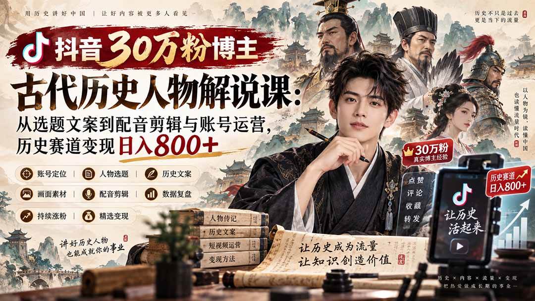（20441期）抖音30万粉博主古代历史人物解说课：从选题文案到配音剪辑与账号运营，历史赛道变现日入800+-离锋创库