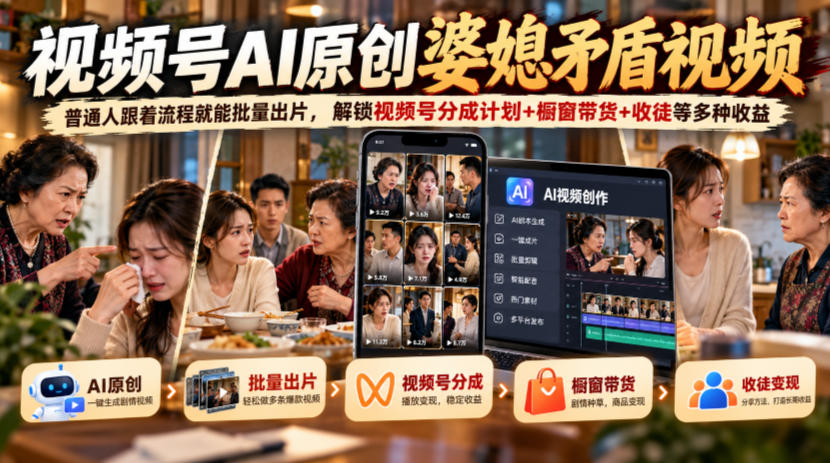 视频号ai原创婆媳矛盾视频,普通人跟着流程就能批量出片,解锁视频号分成计划+橱窗带货+收徒等多种收益-离锋创库