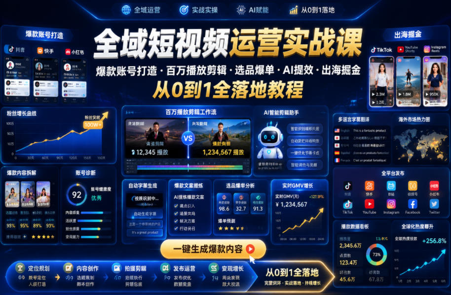 全域短视频运营实战课，爆款账号打造・百万播放剪辑・选品爆单・AI提效・出海掘金，从0到1全落地教程-离锋创库