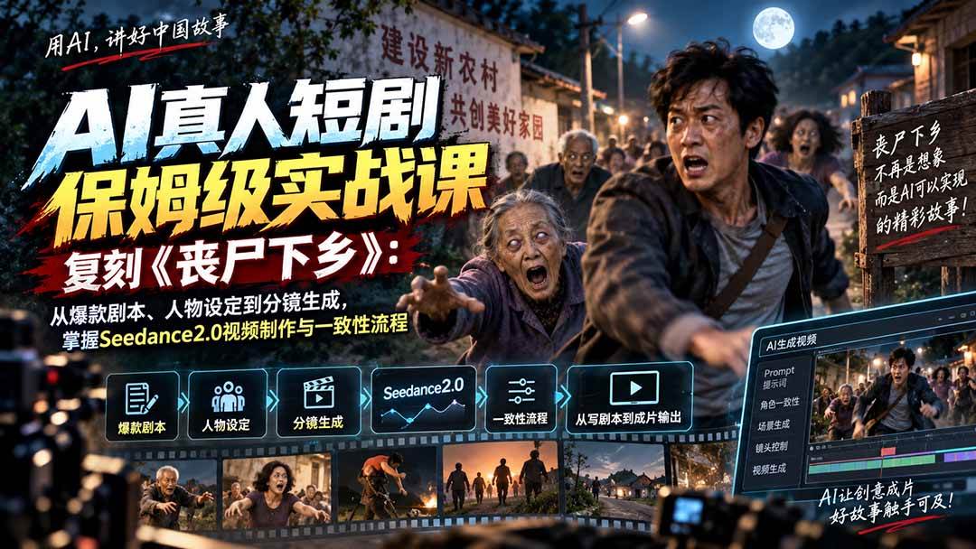 （20360期）AI真人短剧保姆级实战课，复刻《丧尸下乡》：从爆款剧本、人物设定到分镜生成，掌握Seedance2.0视频制作与一致性流程-离锋创库