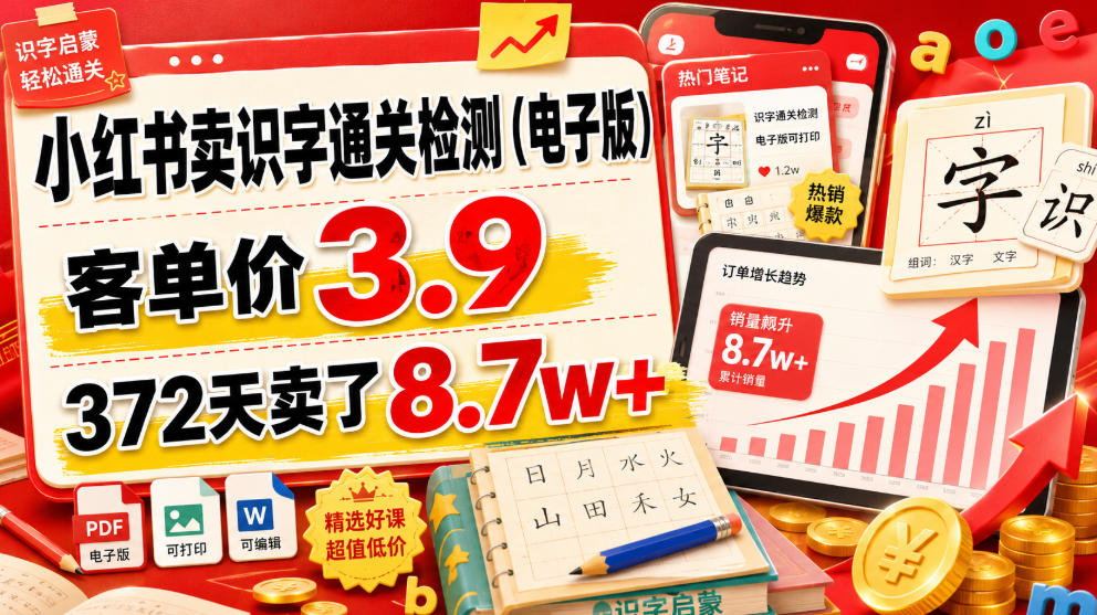 小红书卖识字通关检测(电子版),客单价3.9,372天卖了8.7w+-离锋创库