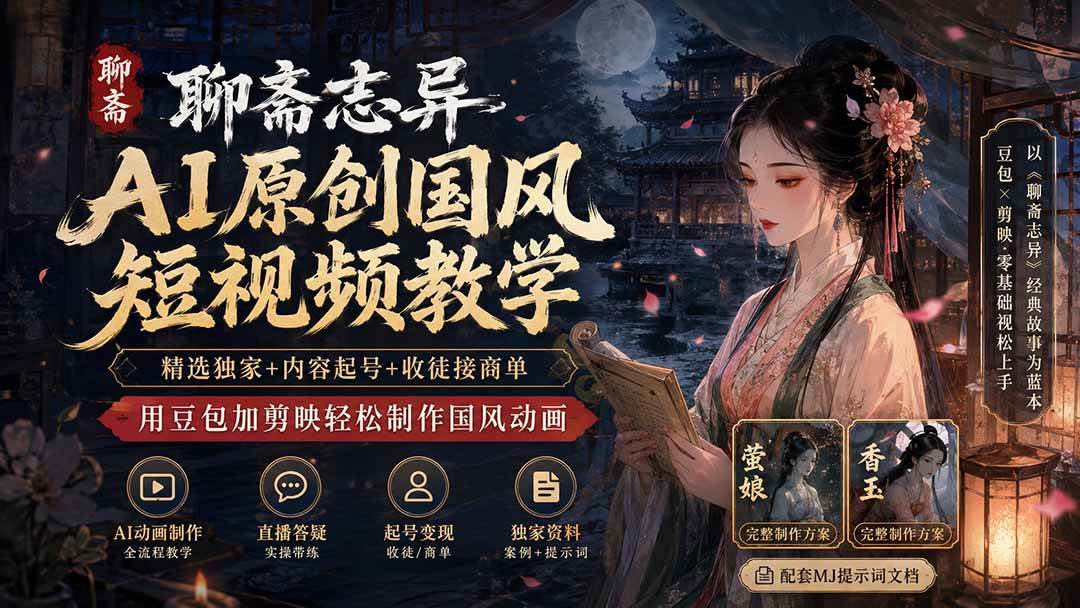 （19834期）聊斋志异AI原创国风短视频教学；精选独家+内容起号+收徒接商单，用豆包加剪映轻松制作国风动画-离锋创库