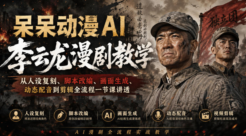 呆呆动漫AI李云龙漫剧教学，从人设复刻、脚本改编、画面生成、动态配音到剪辑全流程一节课讲透-离锋创库