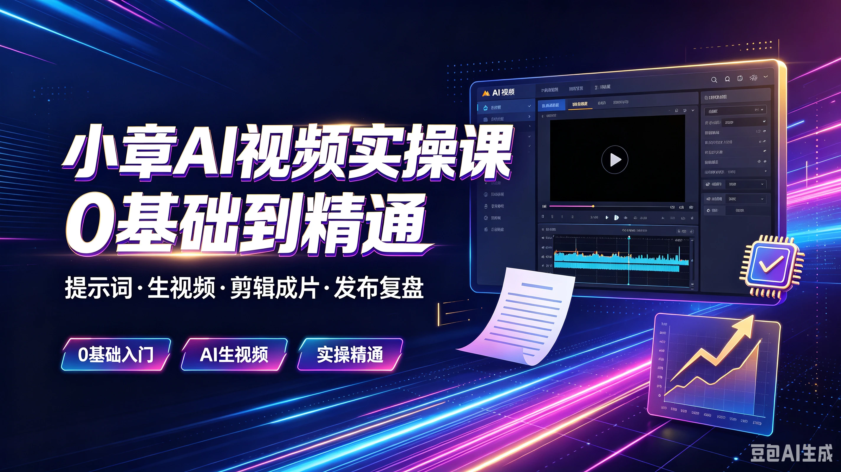 【精】小章AI视频实操课O基础到精通，提示词·生视频·剪辑成片·发布复盘，0基础入门、Al生视频、实操精通-离锋创库