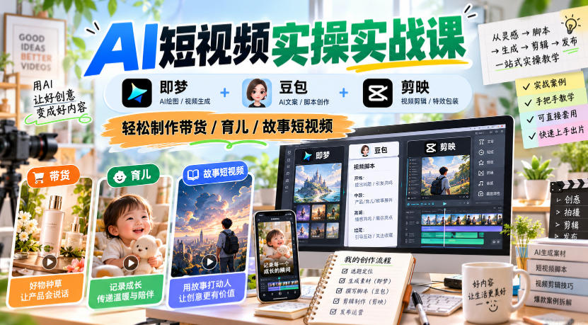 AI短视频实操实战课，即梦+豆包+剪映，轻松制作带货/育儿/故事短视频-离锋创库