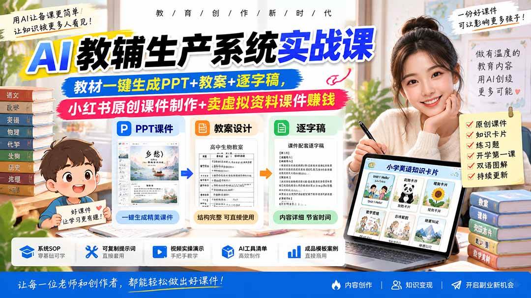 （20583期）AI教辅生产系统实战课-更新0922｜教材一键生成PPT+教案+逐字稿，小红书原创课件制作+卖虚拟资料课件赚钱-离锋创库