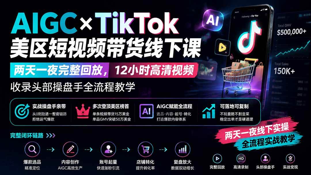 （19778期）AIGC×TikTok美区短视频带货线下课；两天一夜完整回放，12小时高清视频收录头部操盘手全流程教学-离锋创库