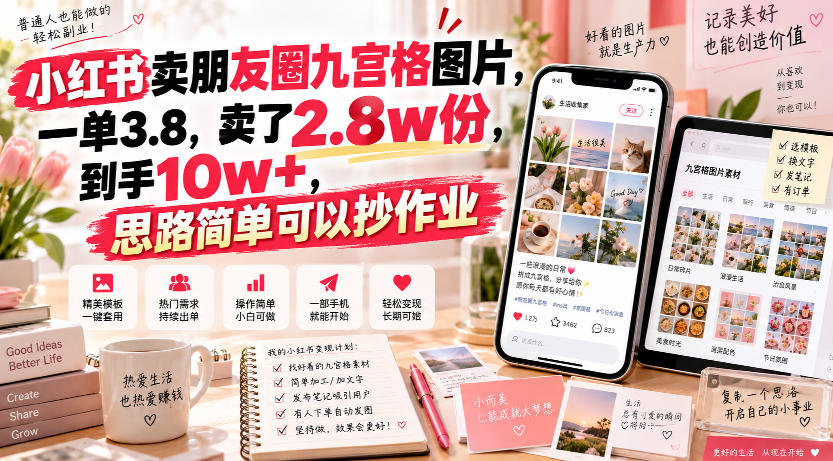 小红书卖朋友圈九宫格图片，一单3.8，卖了2.8w份，到手10w+，思路简单可以抄作业-离锋创库
