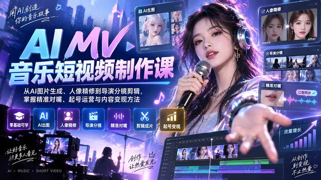 （20364期）AI MV音乐短视频制作课：从AI图片生成、人像精修到导演分镜剪辑，掌握精准对嘴、起号运营与内容变现方法-离锋创库