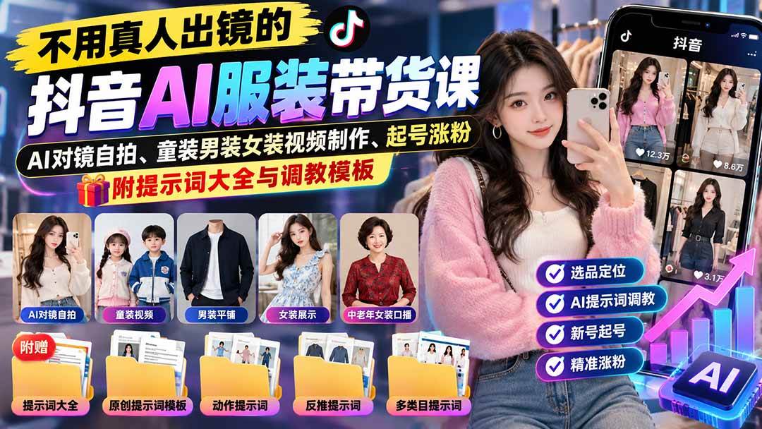 （20960期）不用真人出镜的抖音AI服装带货课：AI对镜自拍、童装男装女装视频制作、起号涨粉，附提示词大全与调教模板-离锋创库