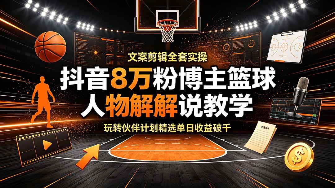 （19135期）抖音8万粉博主篮球人物解说教学，文案剪辑全套实操，玩转伙伴计划精选单日收益破千-离锋创库