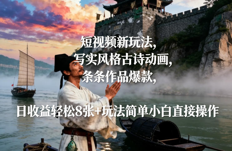 短视频新玩法，写实风格古诗动画，条条作品爆款，日收益轻松8张+玩法简单小白直接操作-离锋创库