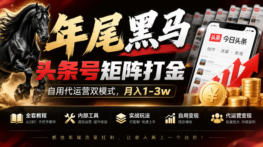 【年尾黑马】头条号矩阵打金，自用代运营双模式，月入1-3w，附全套教程及内部工具【揭秘】-离锋创库